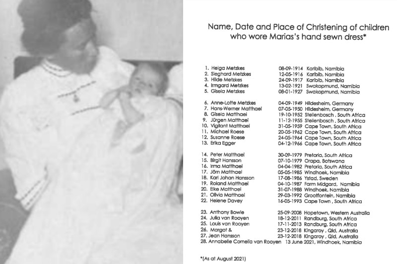 A photo on left of lady holding baby and on right list of names and dates