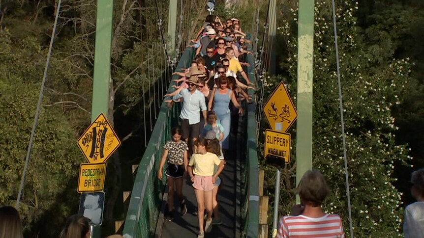 A group of people walk over a suspension bridge near green trees and over a creek.