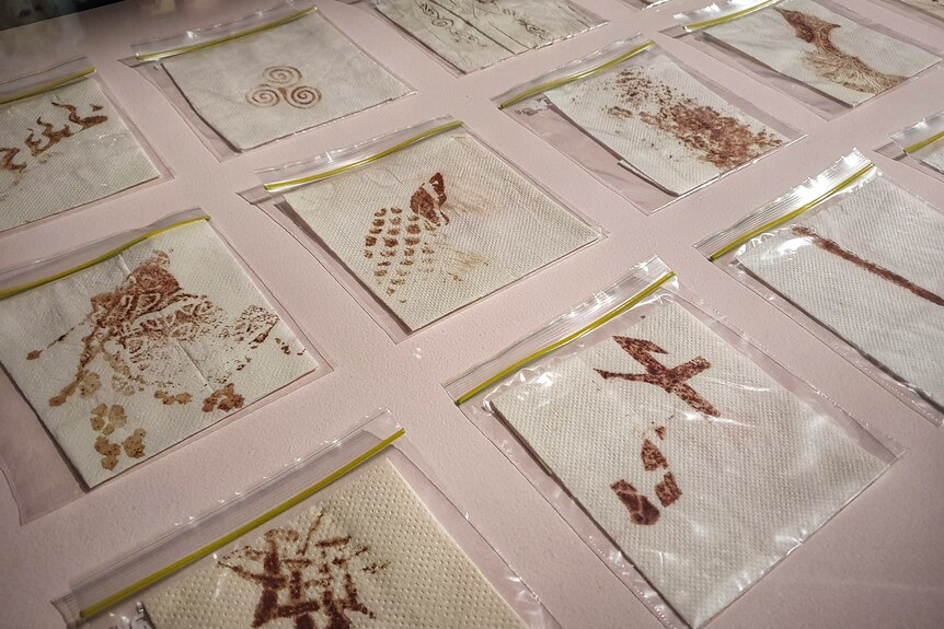 A series of paper towels with blood on them, inside plastic zip-lock bags as part of an art exhibition,
