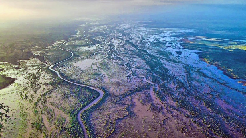 A view from above of extensive flooding over fields 