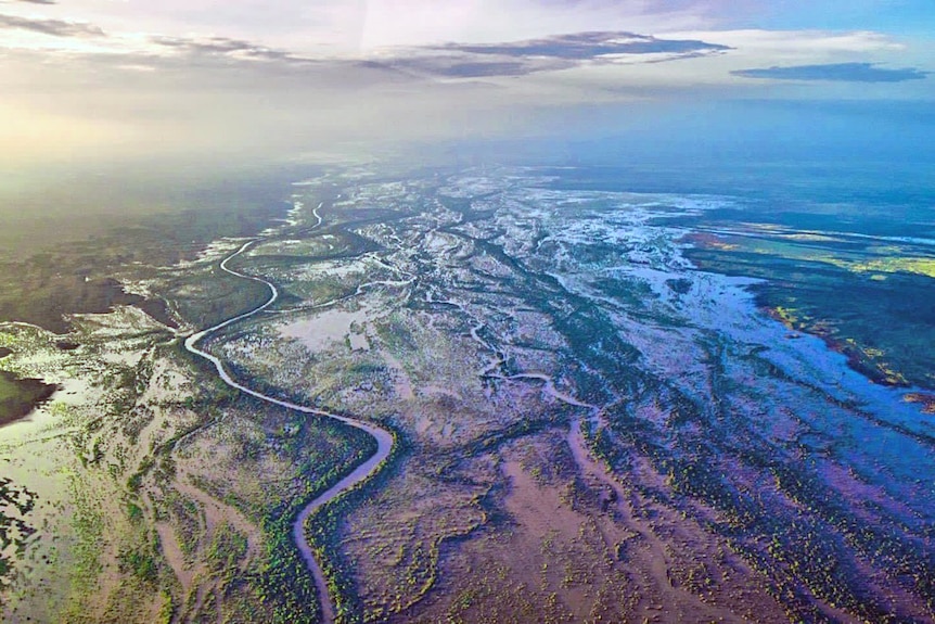 A view from above of extensive flooding over fields 