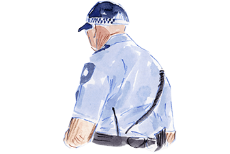 A watercolour illustration of a policemen with his back turned.