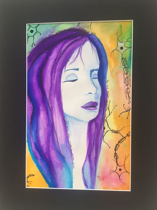 A colourful painting of a woman with her eyes closed