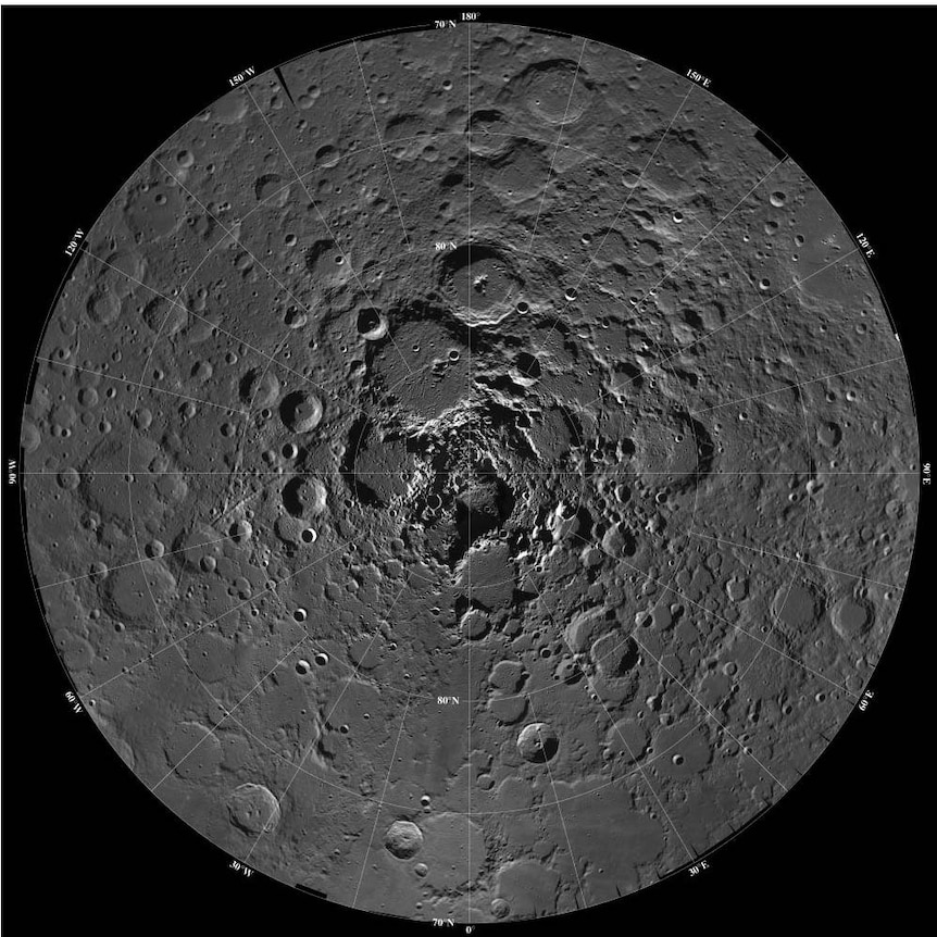 Mosaic of images of the cratered terrain of the moon.