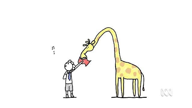 Cartoon boy whistles a tune while feeding paper to a giraffe