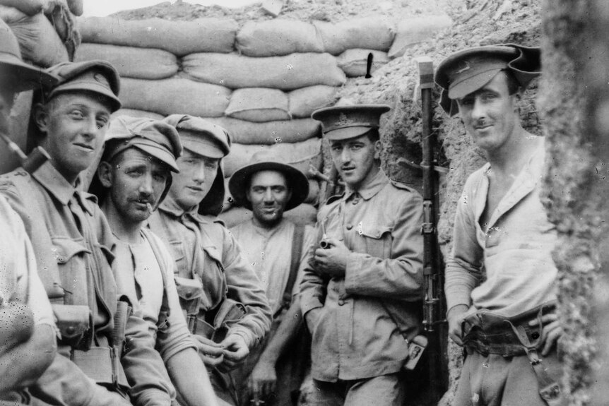 A group of unidentified Australian and NZ soldiers in a front line trench on the Gallipoli Peninsula.