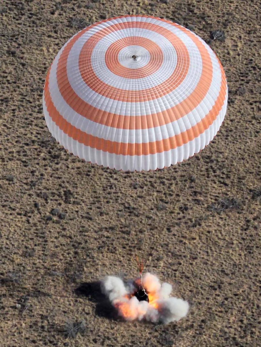 The capsule landed on its side in the wind-swept steppes of the ex-Soviet republic.
