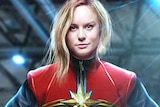 Actress Brie Larson in costume as Captain Marvel.