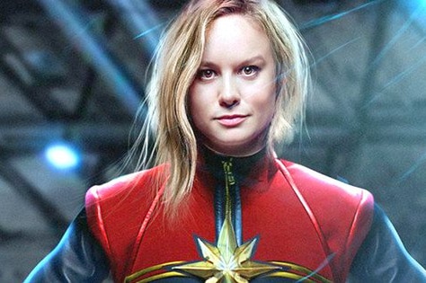 Actress Brie Larson in costume as Captain Marvel.