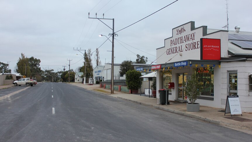 A street lined by the Padthaway General Store and a mechanics is empty but for a parked ute.