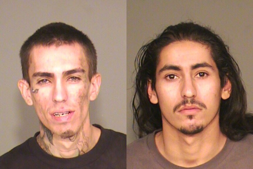 Two men pose for mugshots after being arrested for nearly shooting a four-year-old girl.