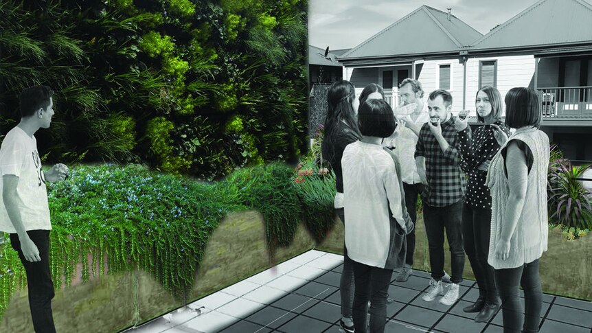 An artists impression of a group of people standing and eating beside a green wall.