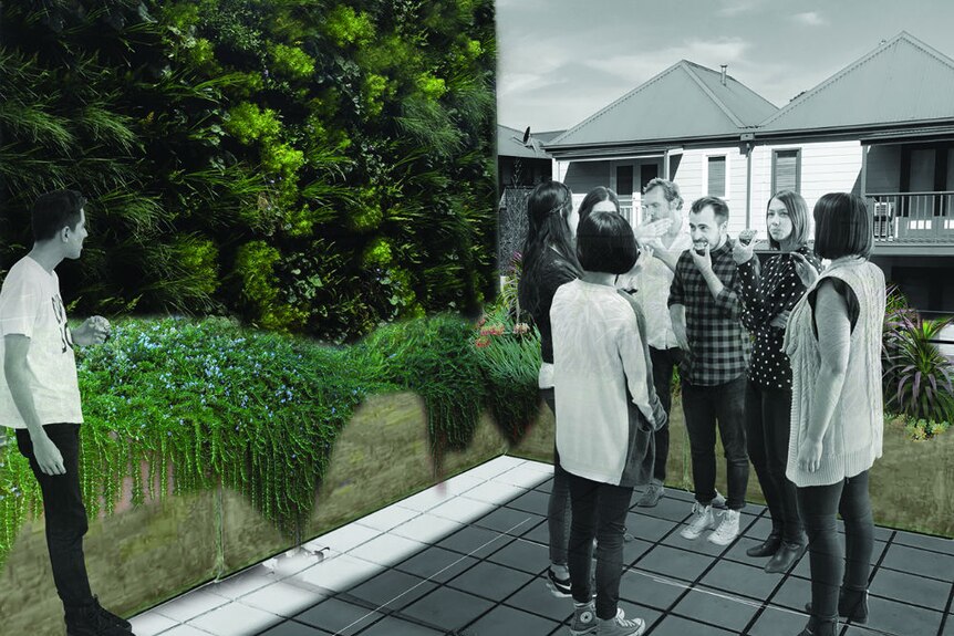 An artists impression of a group of people standing and eating beside a green wall.