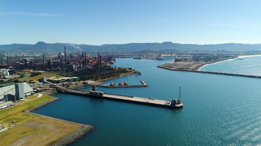 Aerial view of Port Kembla harbour and ships.