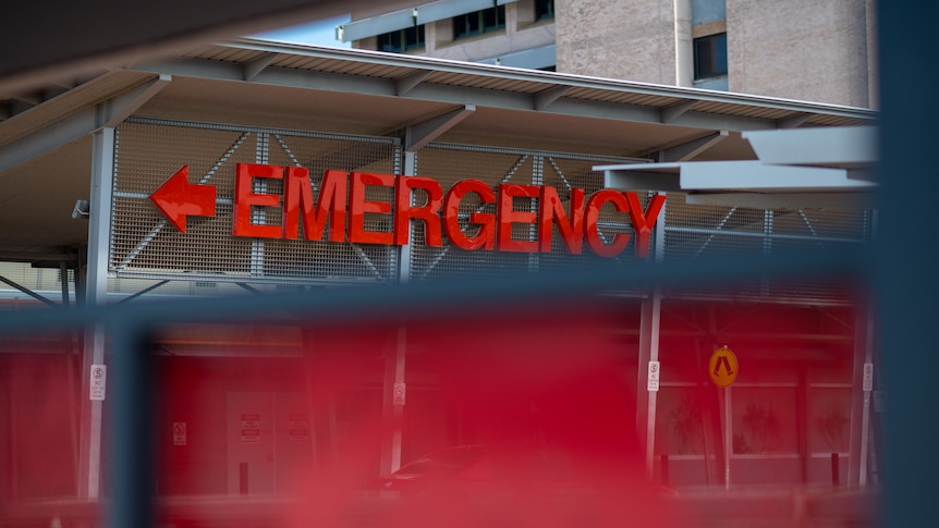 A red emergency sign out side the front of Royal Darwin Hospital