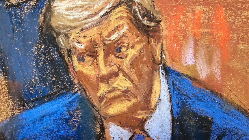An oil sketch of donald trump wearing a blue suit looking upset