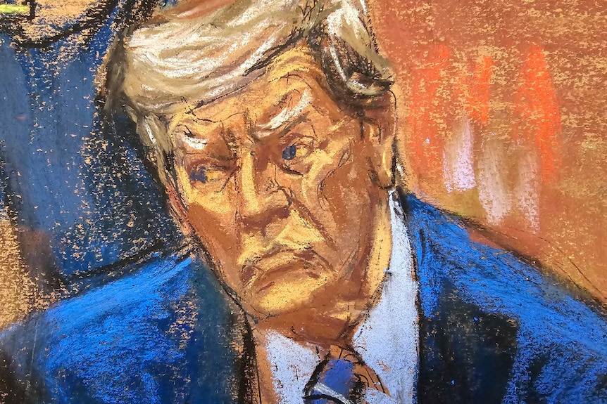 An oil sketch of donald trump wearing a blue suit looking upset
