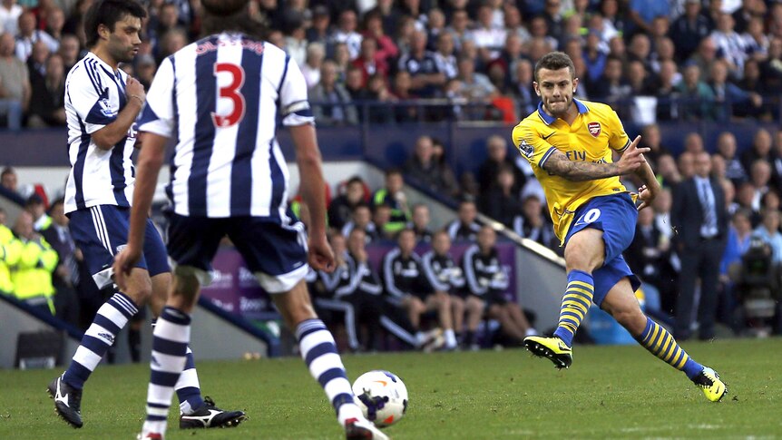 Jack Wilshere scores the equaliser for Arsenal against West Bromwich Albion