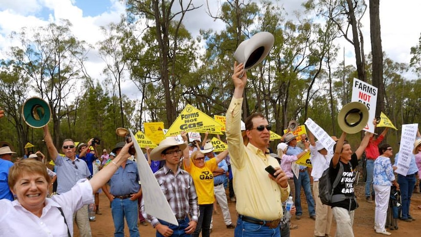 A group of protesters with yellow signs that say "farms not gas" put their arms and hats in the air and smile