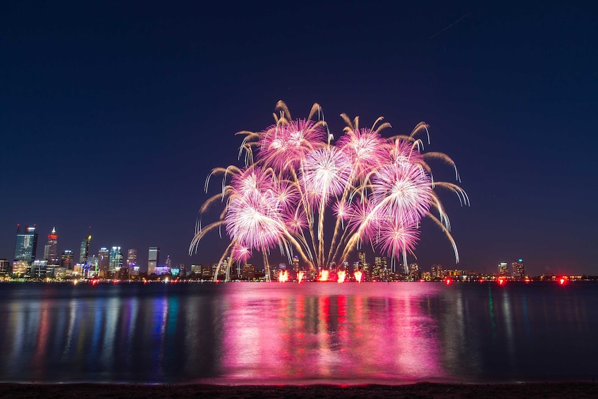 Fireworks on the Swan River viewed from the South Perth foreshore.