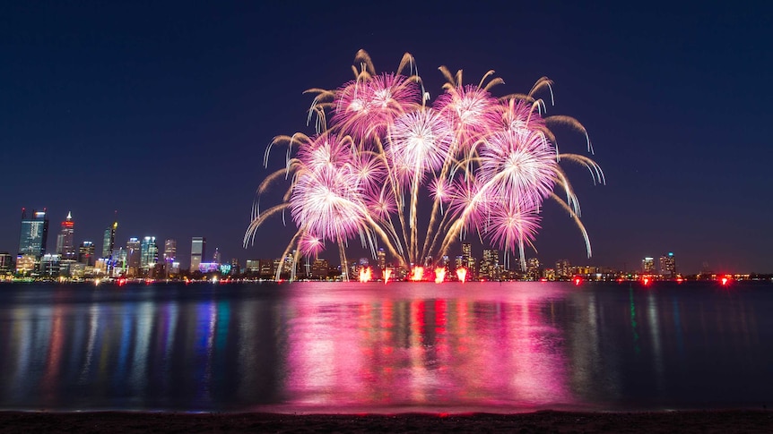 Fireworks on the Swan River viewed from the South Perth foreshore.