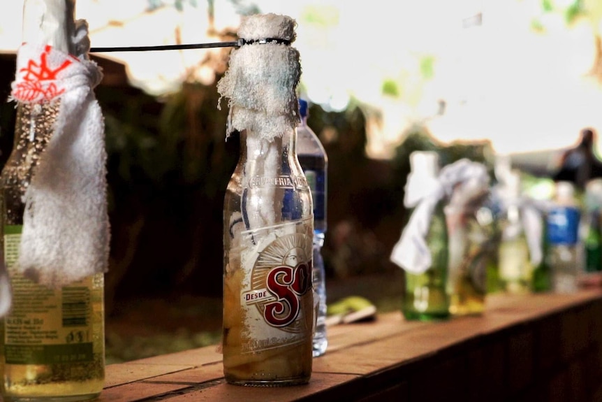 A Sol beer bottle has a rag cable-tied to the top of it, turning it into a Molotov cocktail for use in the Hong Kong protests.