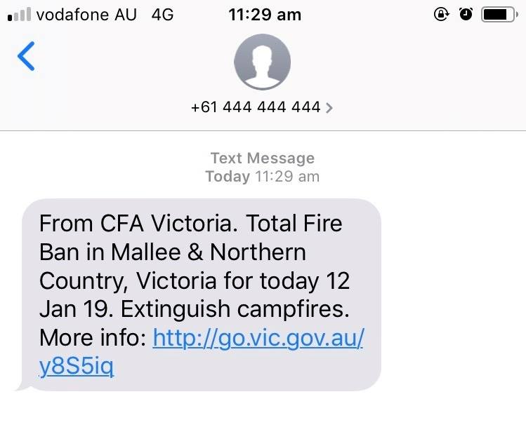 A screenshot of picture of text message sent to campers from fire authorities