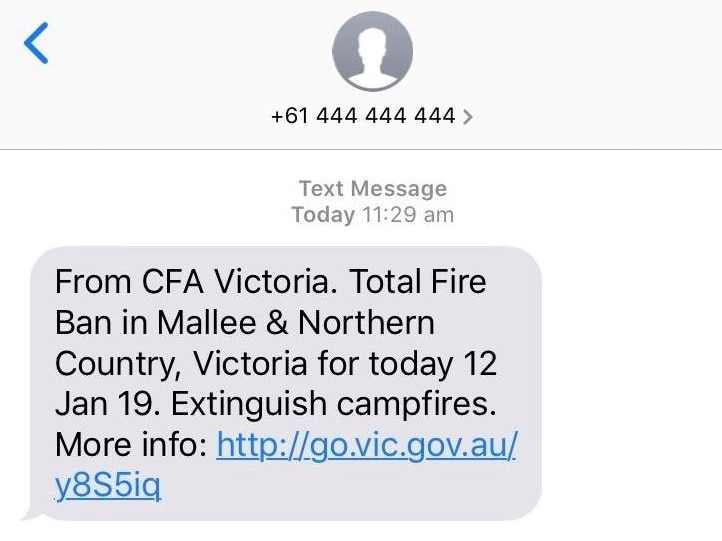 A screenshot of picture of text message sent to campers from fire authorities