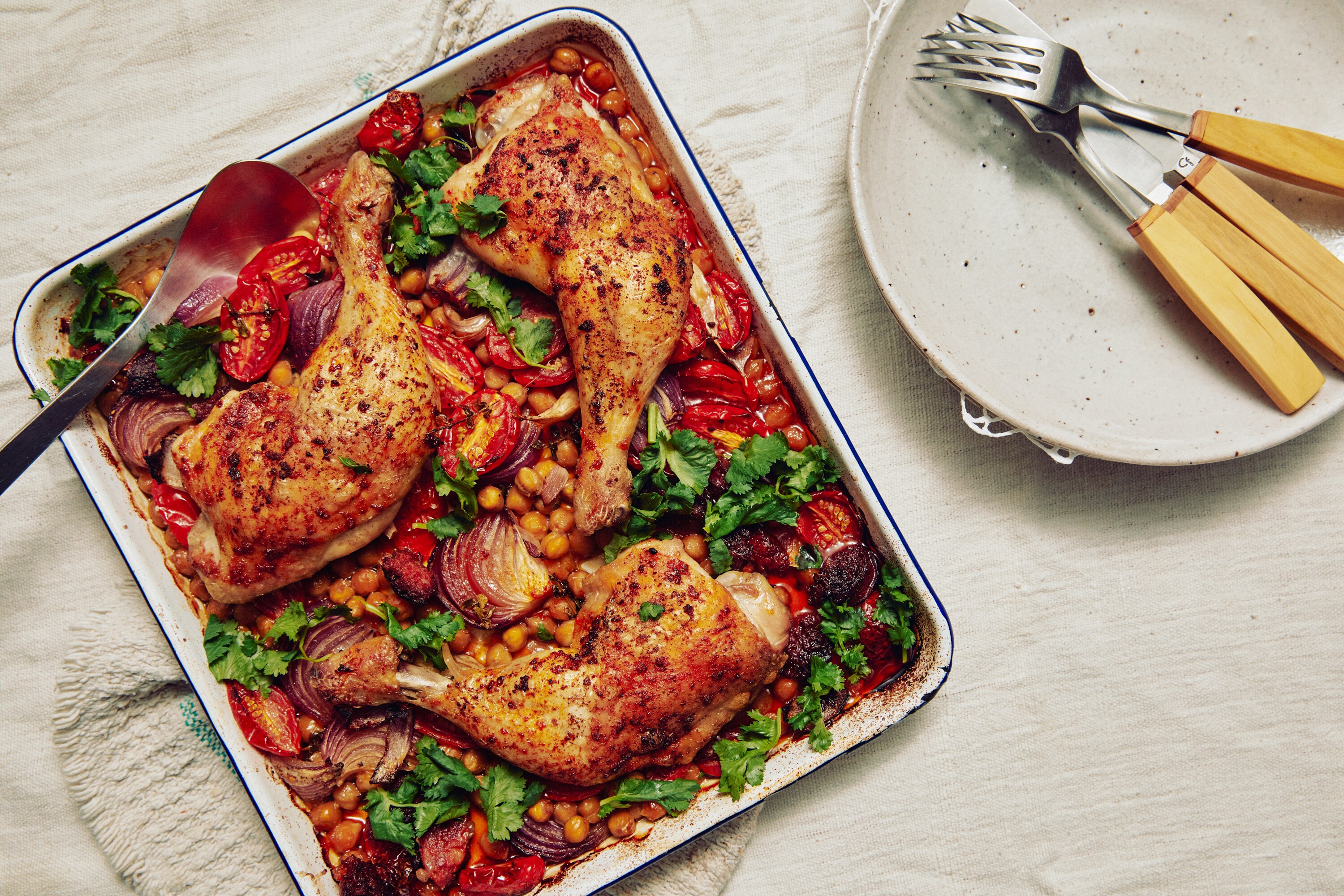 Chicken, chorizo and chickpea tray bake