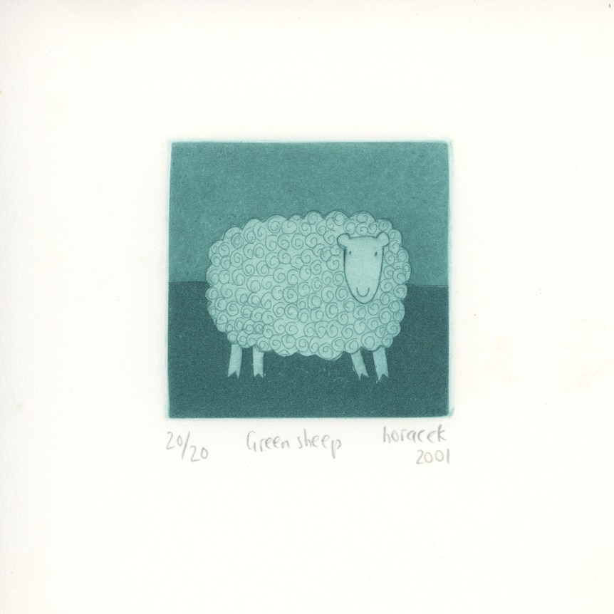 An etching of a cute green sheep by illustrator Judy Horacek