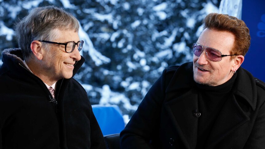 Microsoft Chairman Bill Gates and Bono from U2 at the World Economic Forum in Davos.