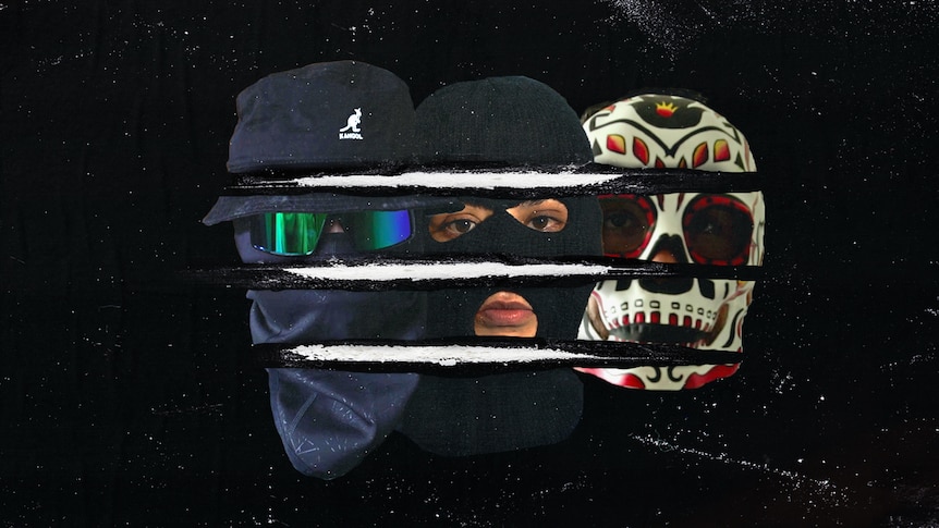 Collage of three masked faces, one with a balaclava, another with a wrestling mask. They are cut by three lines of cocaine.