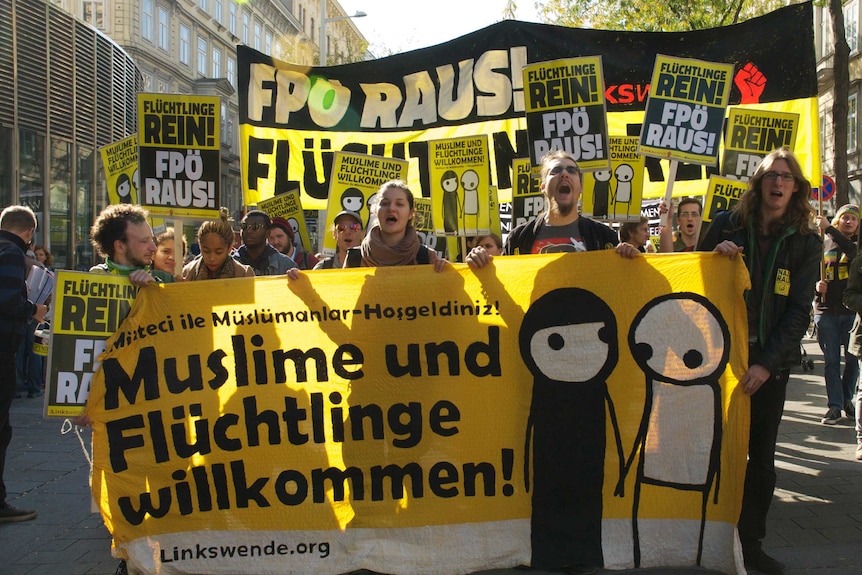 Austrians rally with banners