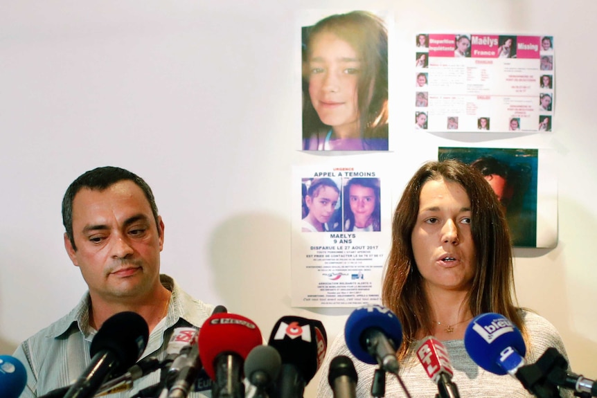 Maelys' father Joachim de Araujo and his wife Jennifer hold a press conference in Lyon.