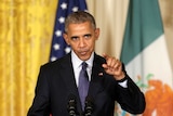 US President Barack Obama speaks at the news conference.