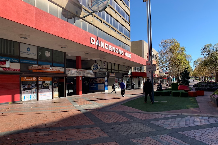 A quiet plaza outside the Dandenong Hub on a sunny day.