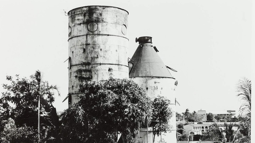 A black-and-white photo of the old silos Peter Dermoudy lived in.