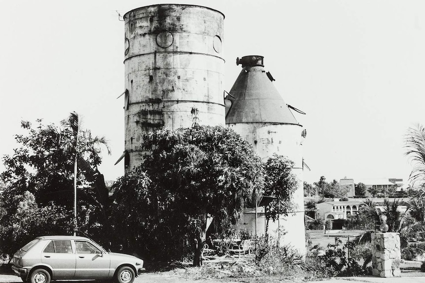 A black-and-white photo of the old silos Peter Dermoudy lived in.