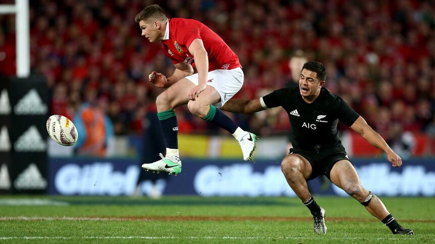 Owen Farrell of the Lions and Anton Lienert-Brown of New Zealand in the third Test at Eden Park.