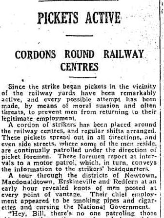 An archival article from the Sunday Times describes picket lines around railway stations in Sydney