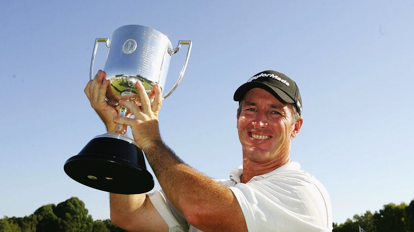 Peter Lonard poses with the Kirkwood Cup after winning the 2007 Australian PGA Championship.