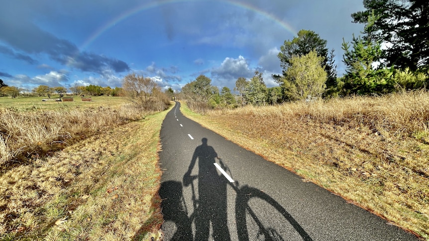 The silhouette of a cyclist looms over a cycle path in the middle of a field.
