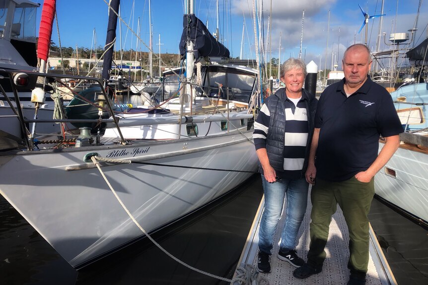 Stuart Mackley and Sally Holt live onboard their boat. July 2021