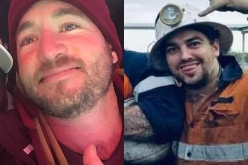 A split image showing two smiling young men, one in a beanie, the other in mining gear on a worksite.