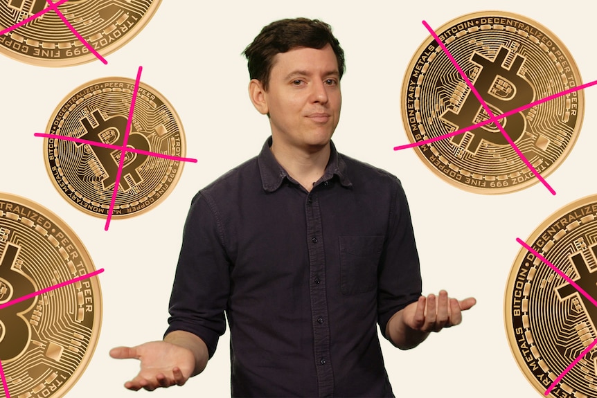 Pat Wright stands in front of a background with bitcoins.