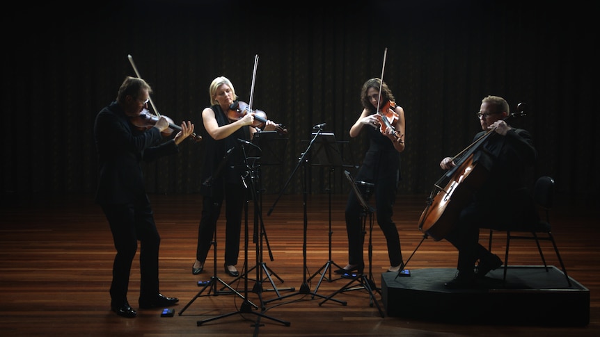 Four string players wearing all black clothing stand on a wooden stage playing music as a string quartet.