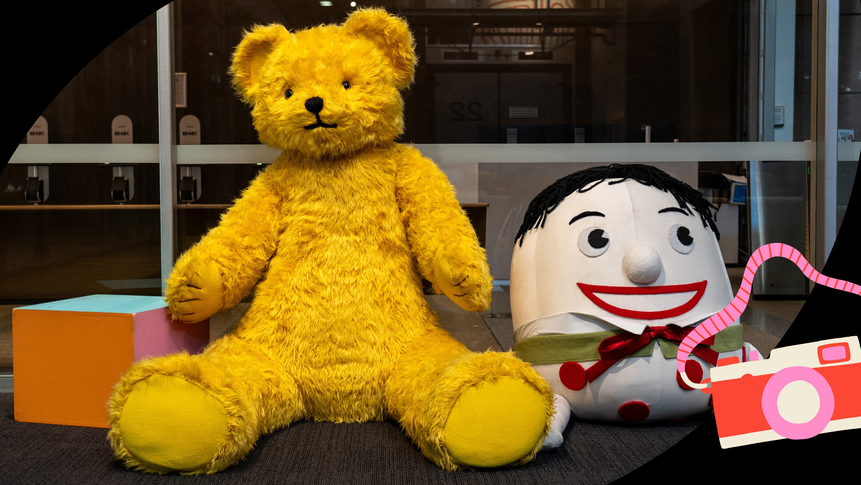Yellow furry bear, Big Ted and Humpty Dumpty who has black hair and bow tie uniform.