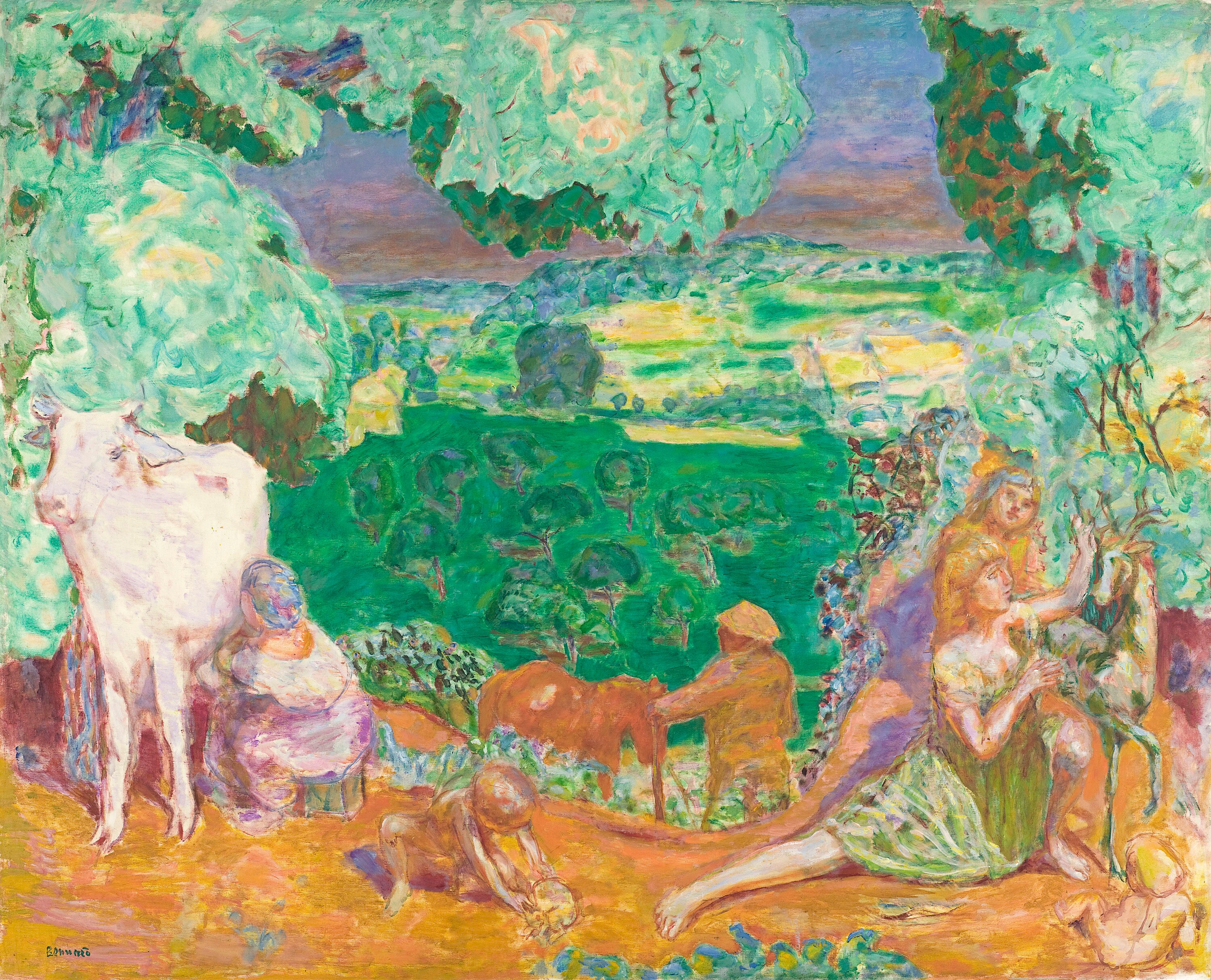 Oil painting of a pastoral, mythological scene with cow and nymphs, in bright colours.