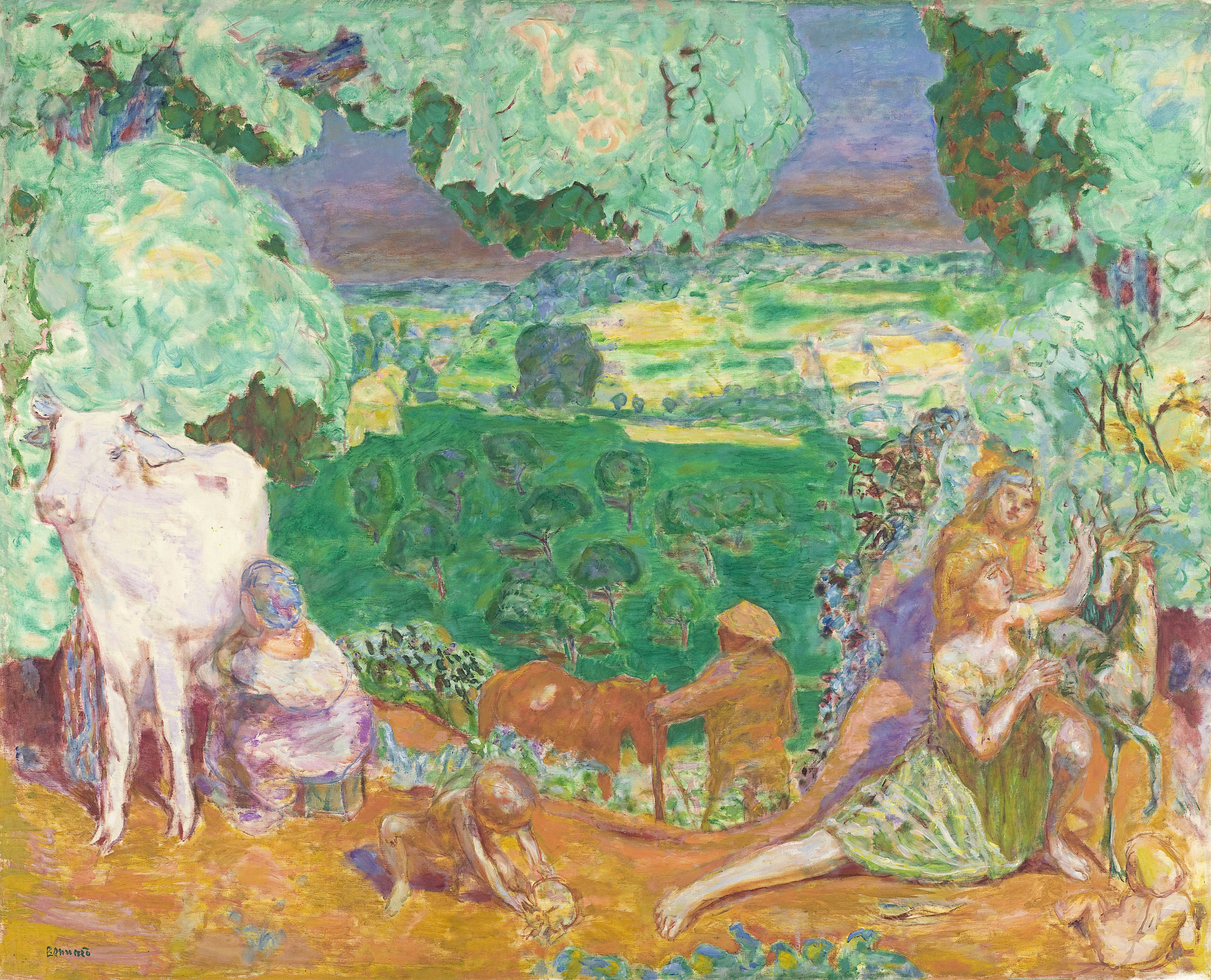 Oil painting of a pastoral, mythological scene with cow and nymphs, in bright colours.