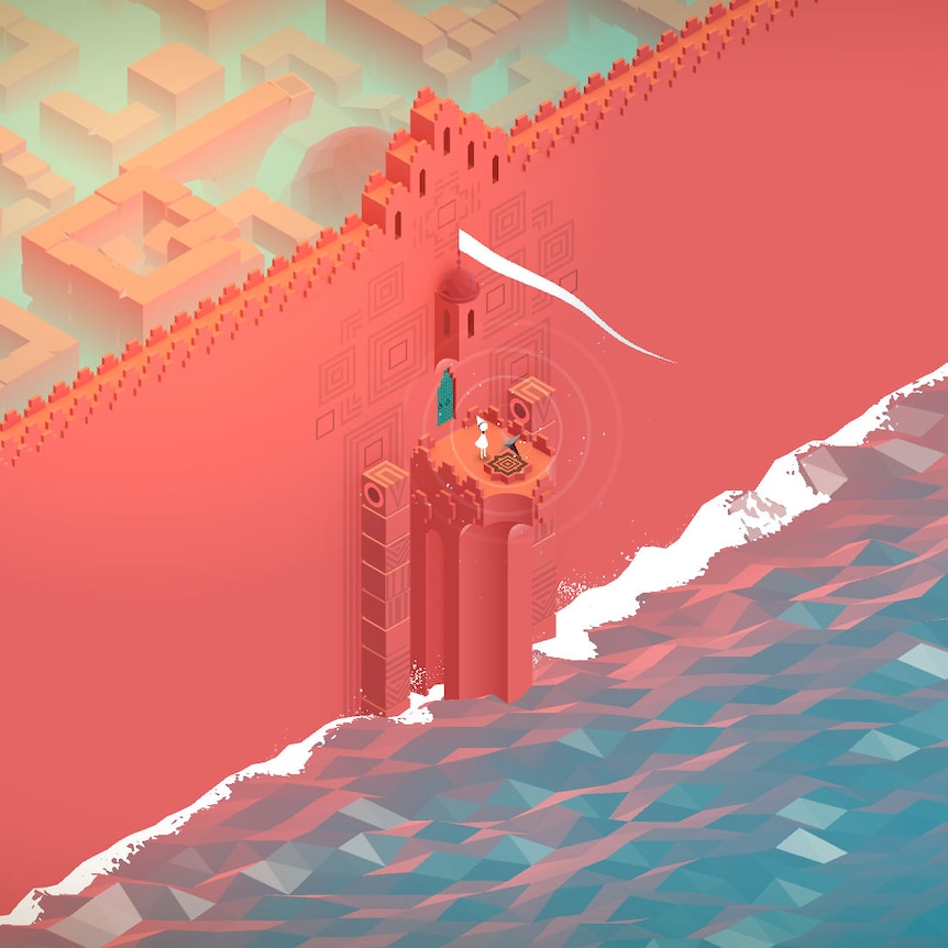 An abstract character standing on a platform built on outside of a city gate, facing the ocean.